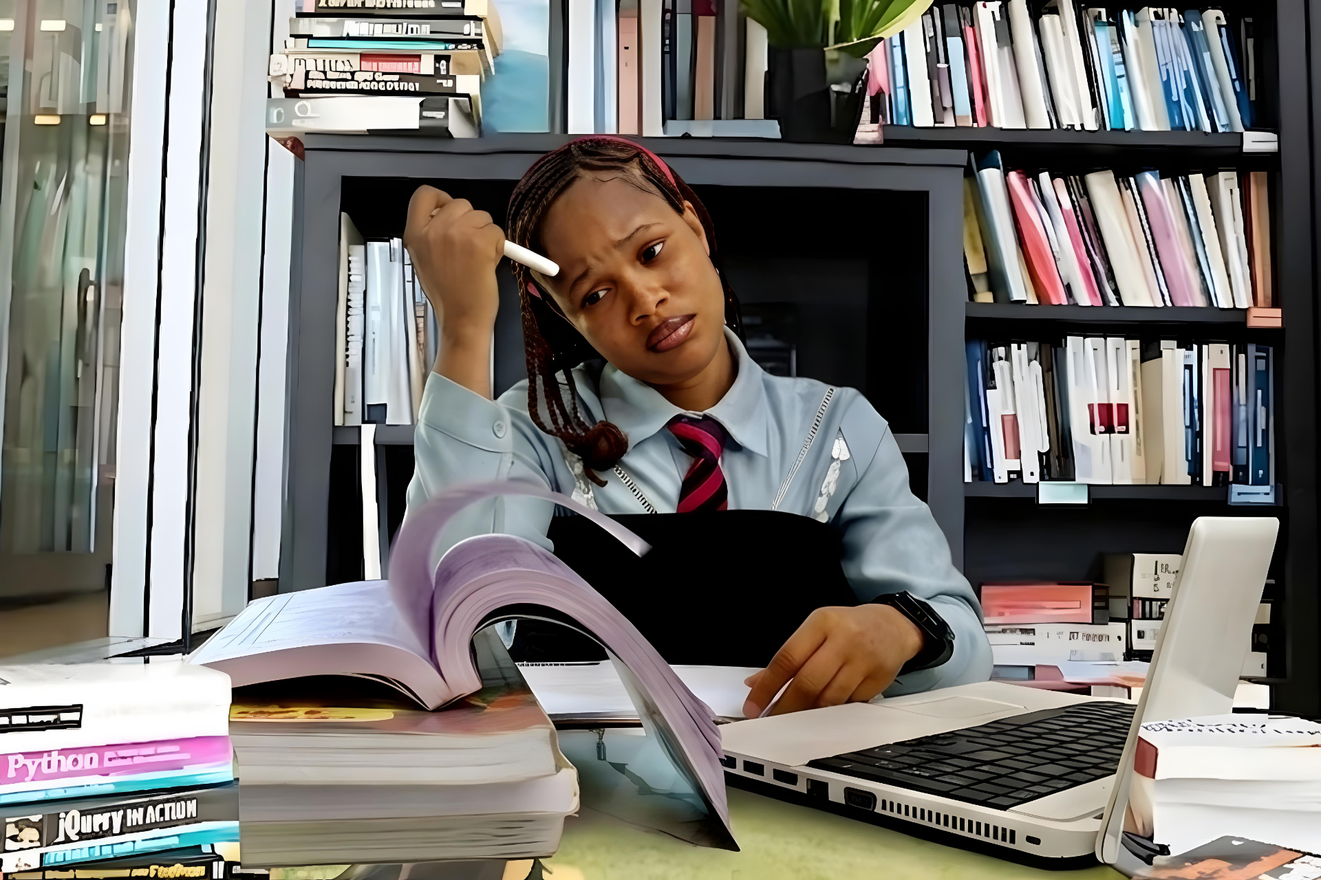 Media personality Delight Nwadike sitting at a desk with a laptop and stacks of books, holding a pen near her face with a thoughtful expression. Directly behind her is a towering, dark wood bookshelf filled completely with diverse books, with a window visible through glass partitions.